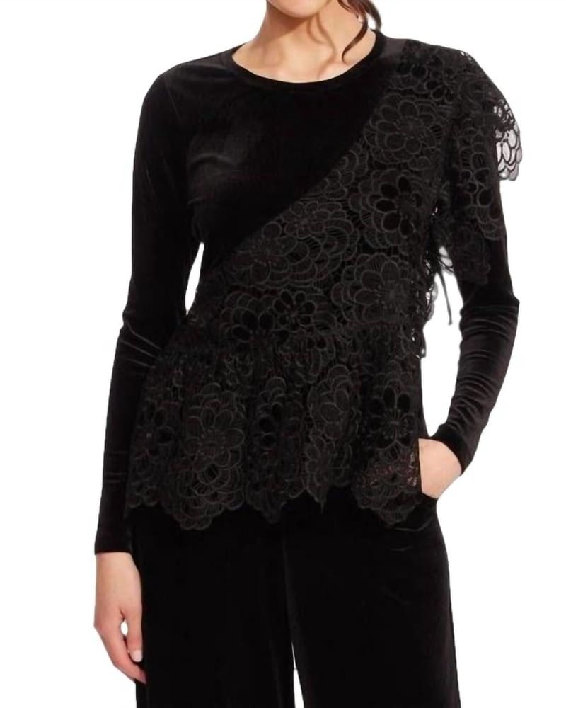 Front of a model wearing a size L Cleopatra Top in Raven’S Nest in Raven’S Nest by EVA FRANCO. | dia_product_style_image_id:336834